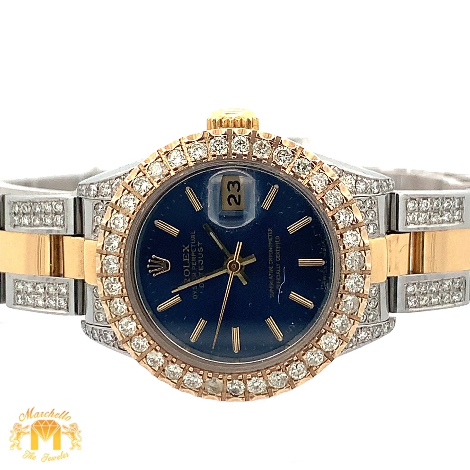 26mm Ladies`Rolex Watch with Two-Tone Oyster Diamond Bracelet (diamond bezel, royal blue dial)