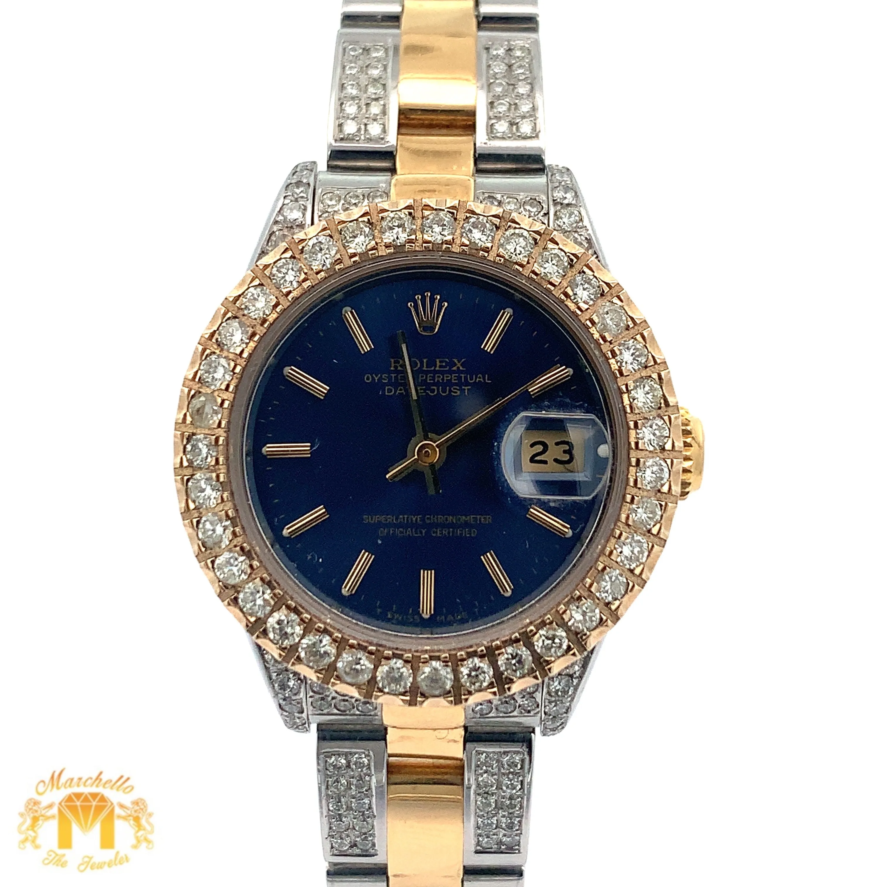 26mm Ladies`Rolex Watch with Two-Tone Oyster Diamond Bracelet (diamond bezel, royal blue dial)