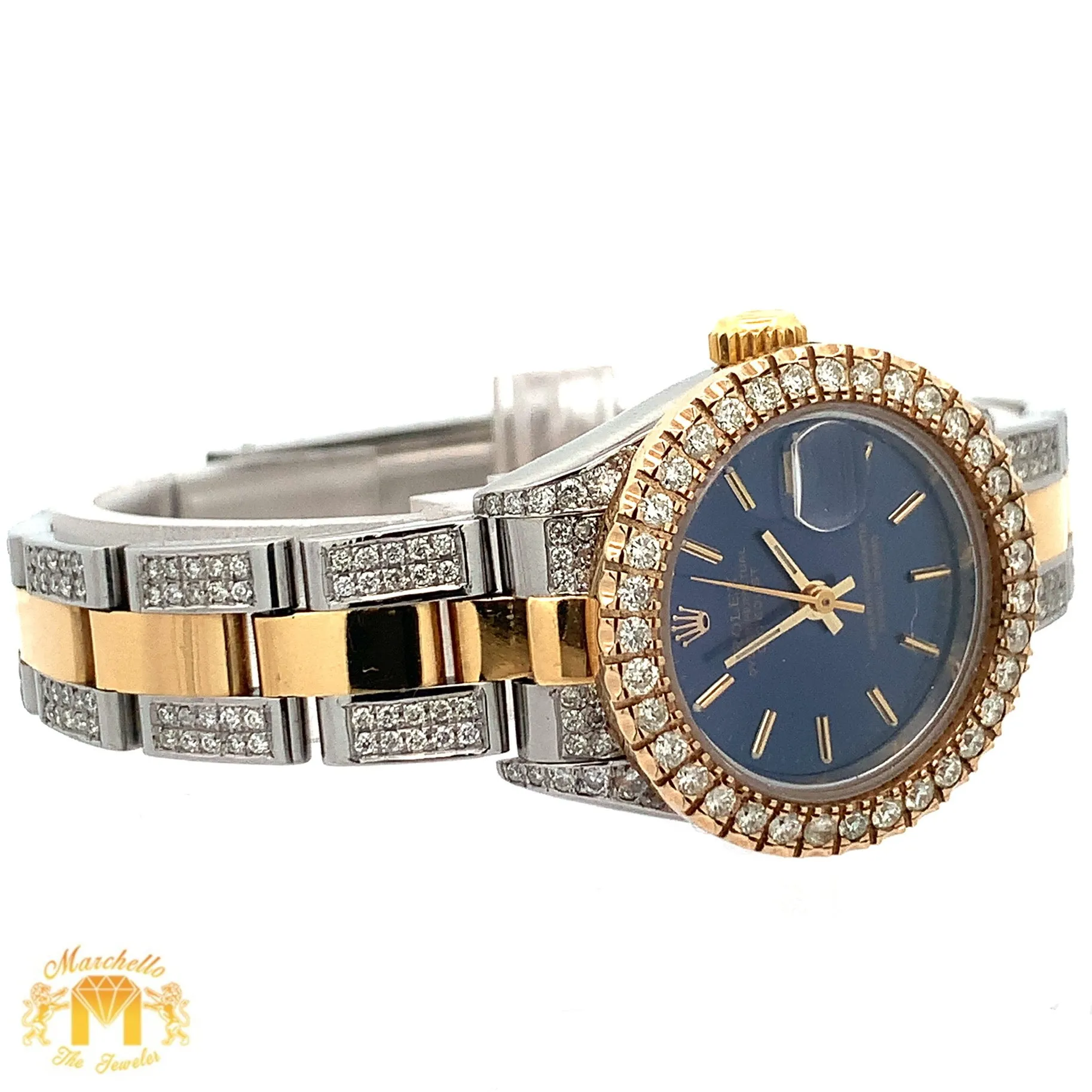 26mm Ladies`Rolex Watch with Two-Tone Oyster Diamond Bracelet (diamond bezel, royal blue dial)