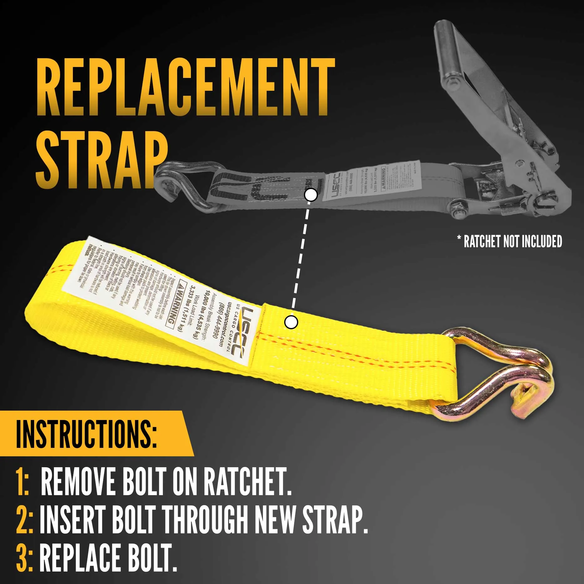 2" x 11" Replacement Ratchet Strap Fixed End - Wire Hook / Bolt Loop | No Ratchet