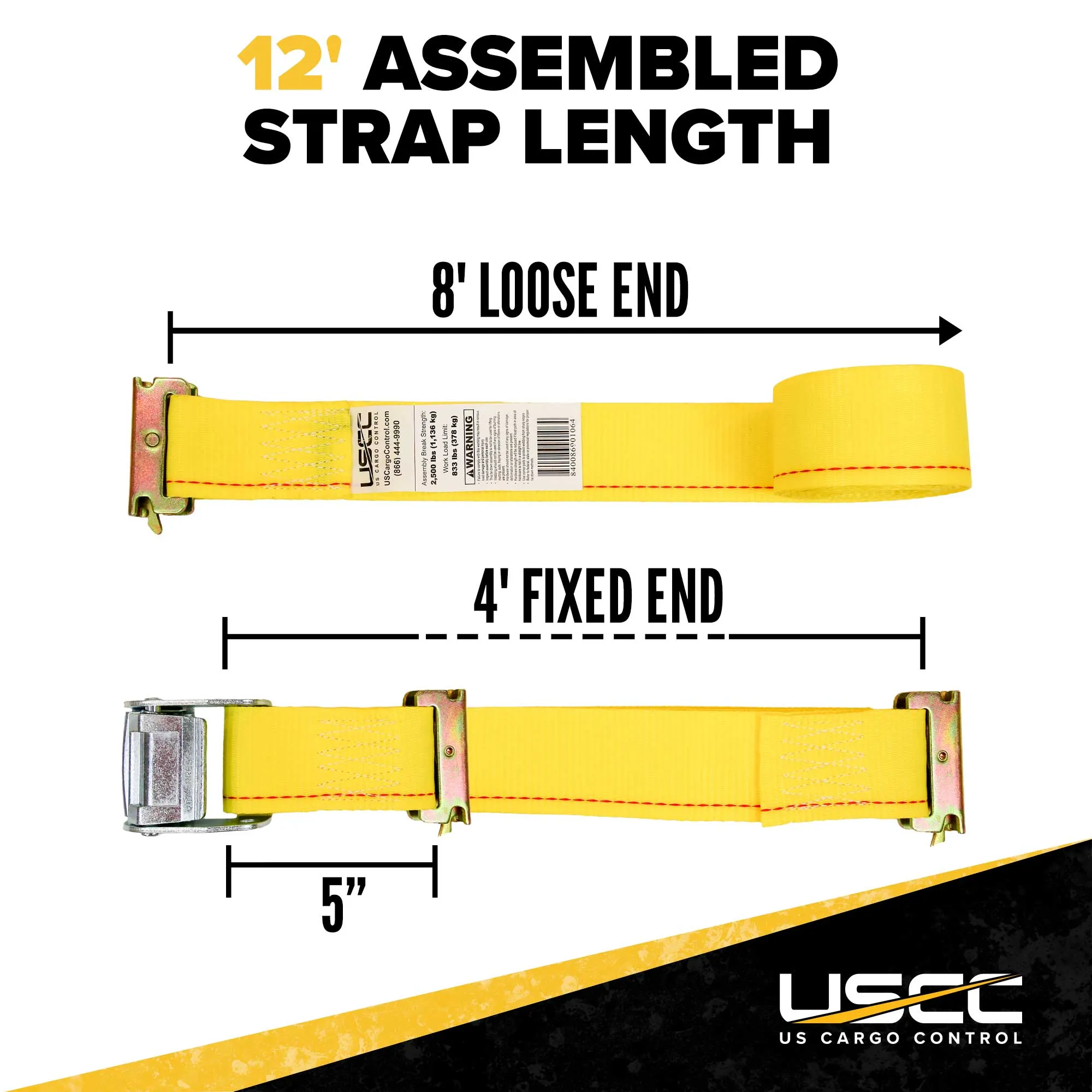 2" x 12' Yellow E-Track Cam Buckle Strap | Double-Fitted End