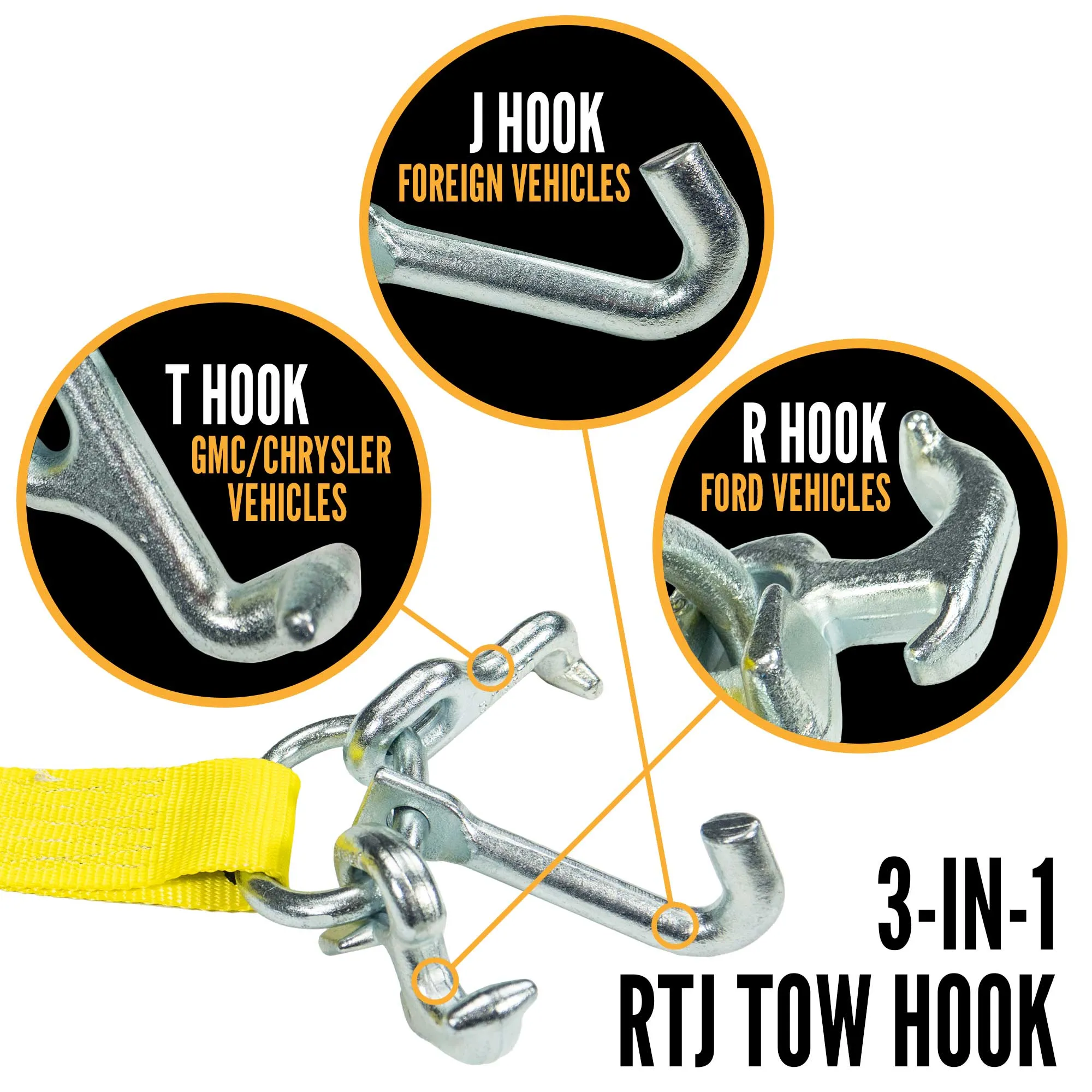 2" x 6' Replacement Tow Strap with RTJ Cluster Hooks | Yellow