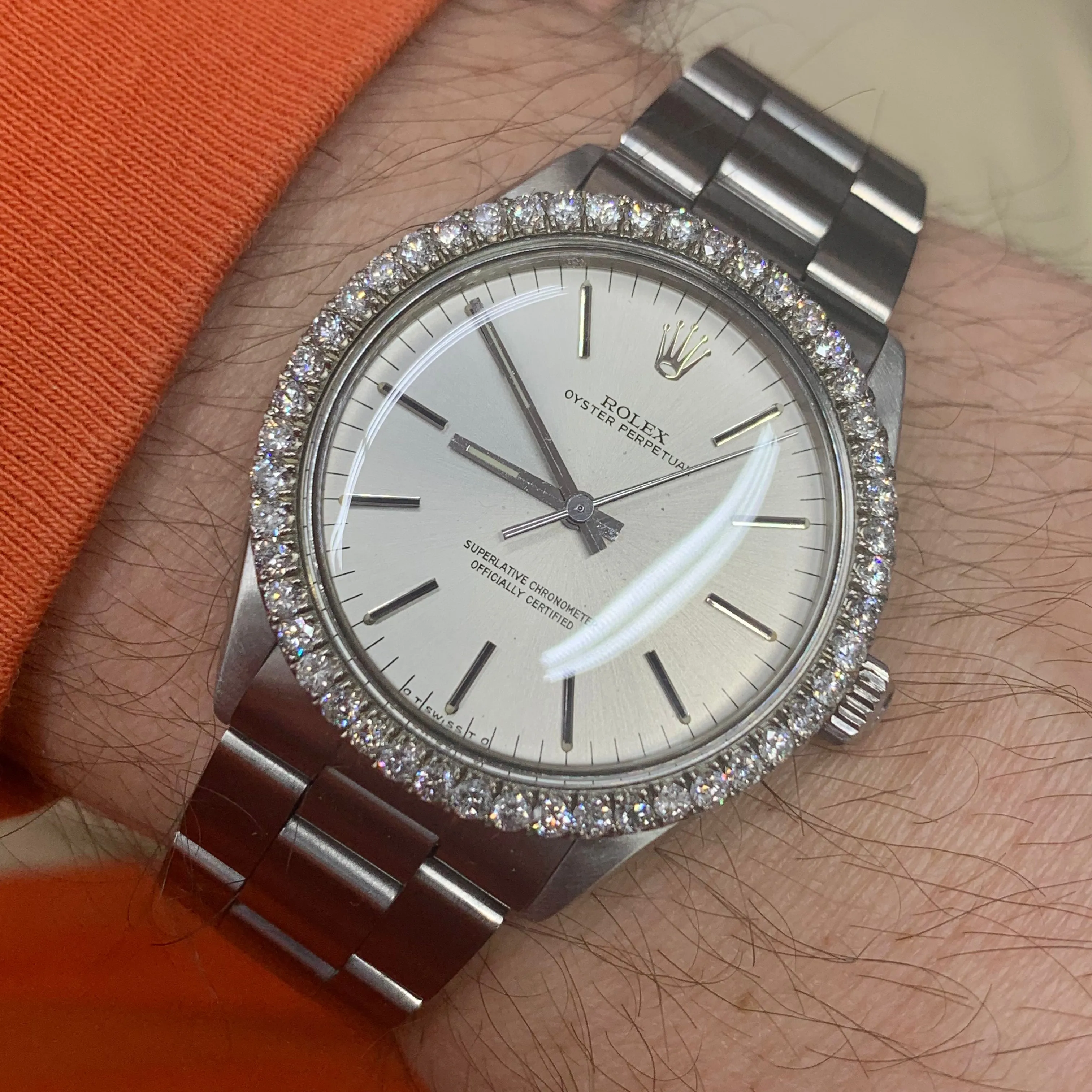 34mm Rolex Oyster Perpetual Diamond Watch with Custom Diamond Bezel