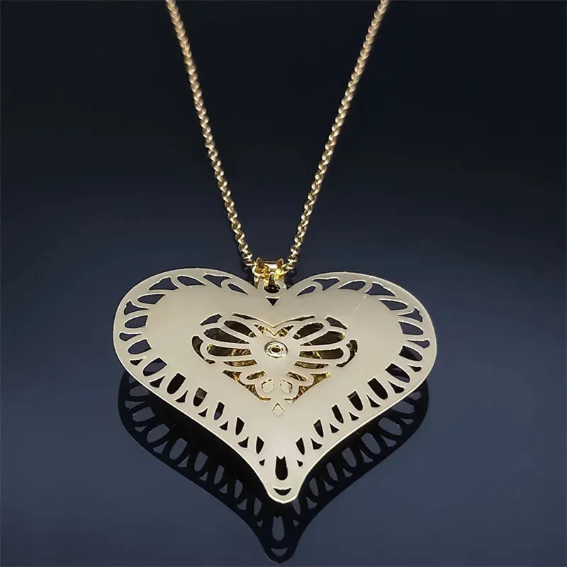 3D Hollow Heart Copper Pendant Necklace Gold Color Stainless Steel Chain Necklace