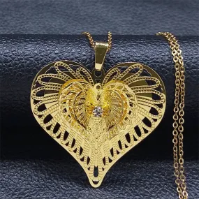 3D Hollow Heart Copper Pendant Necklace Gold Color Stainless Steel Chain Necklace