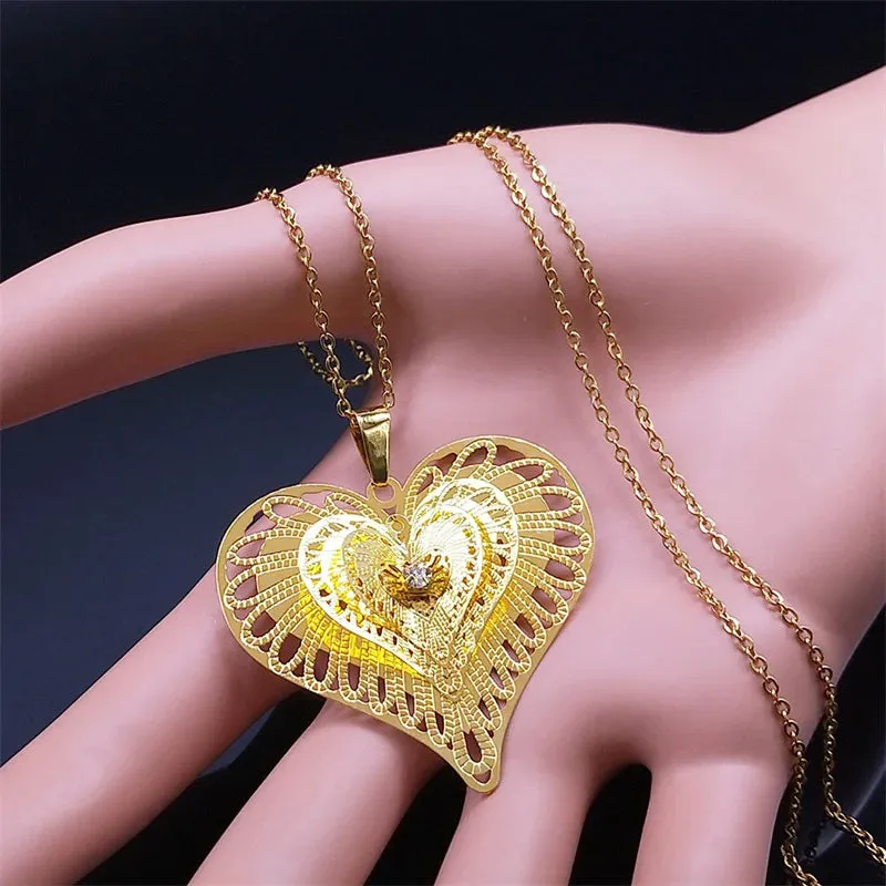 3D Hollow Heart Copper Pendant Necklace Gold Color Stainless Steel Chain Necklace