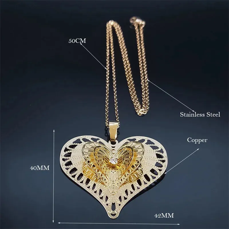 3D Hollow Heart Copper Pendant Necklace Gold Color Stainless Steel Chain Necklace