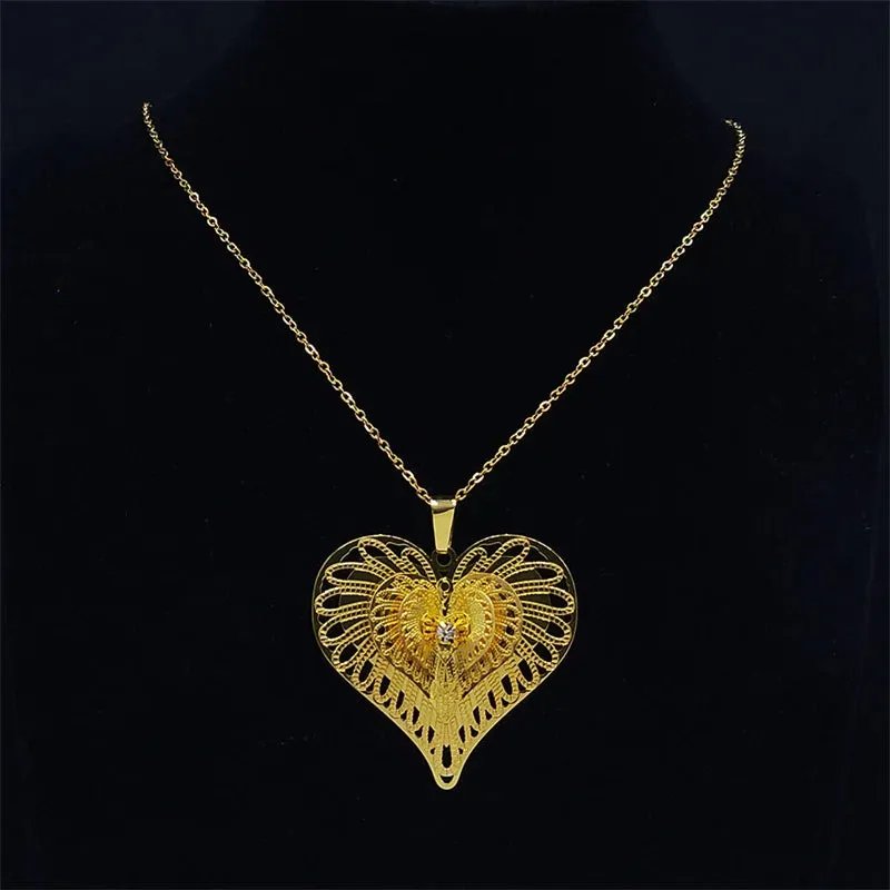 3D Hollow Heart Copper Pendant Necklace Gold Color Stainless Steel Chain Necklace