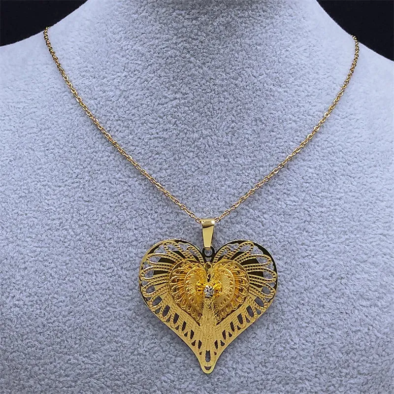 3D Hollow Heart Copper Pendant Necklace Gold Color Stainless Steel Chain Necklace