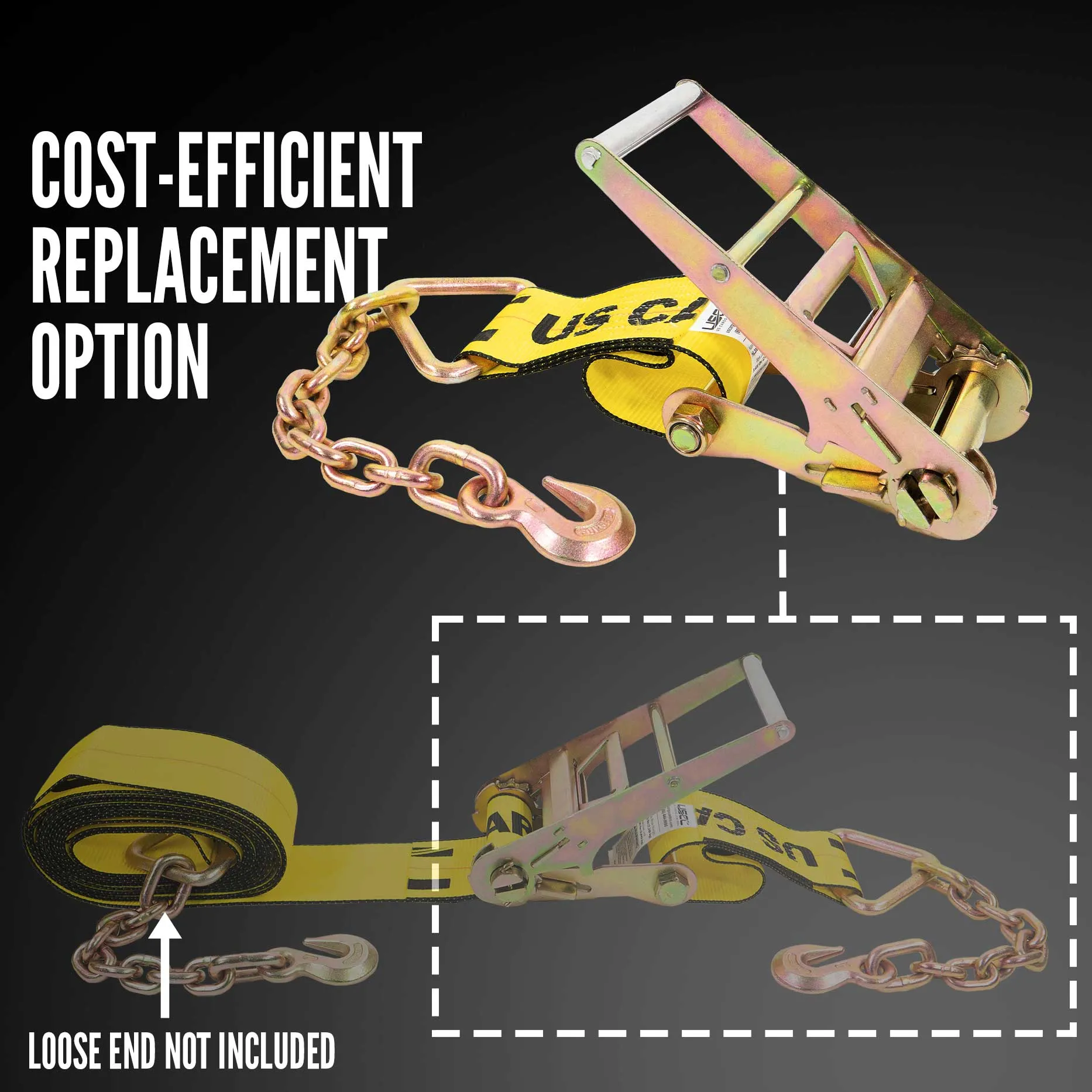 4" x 11" Replacement Ratchet Strap Fixed End - Ratchet / Chain Extension | Yellow