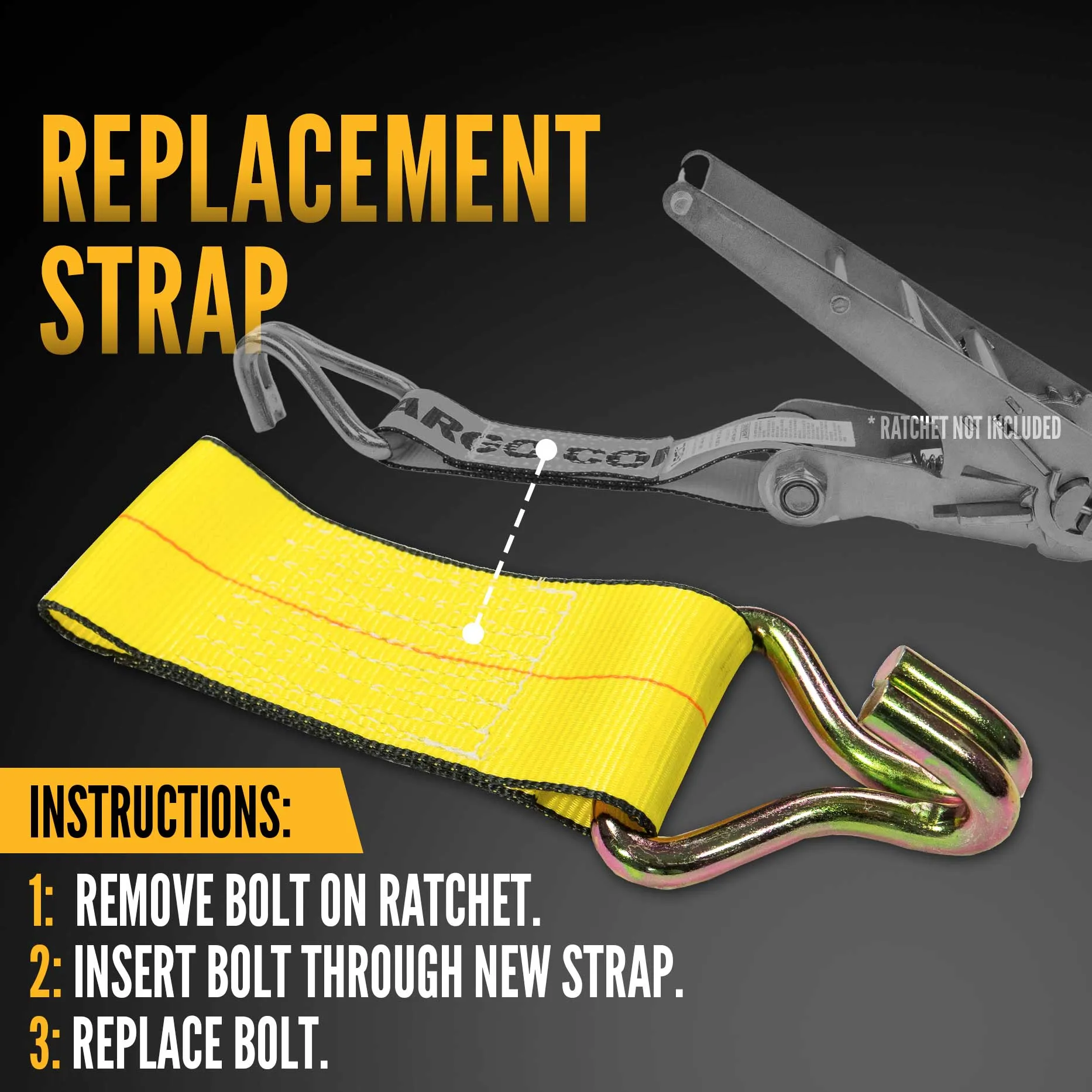 4" x 11" Replacement Ratchet Strap Fixed End - Wire Hook / Bolt Loop | No Ratchet