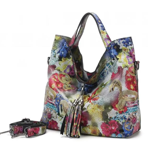 Arliwwi Brand Designer Floral Lady 100% Genuine Leather Tote Handbags New Luxury Real Leather Shiny Flower Bags For Summer GL16