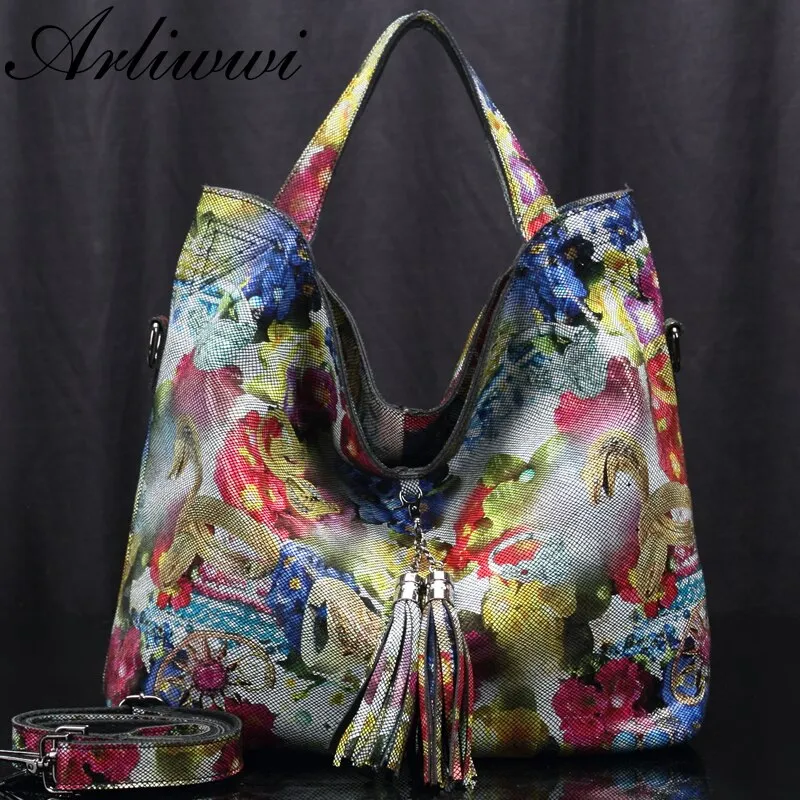 Arliwwi Brand Designer Floral Lady 100% Genuine Leather Tote Handbags New Luxury Real Leather Shiny Flower Bags For Summer GL16