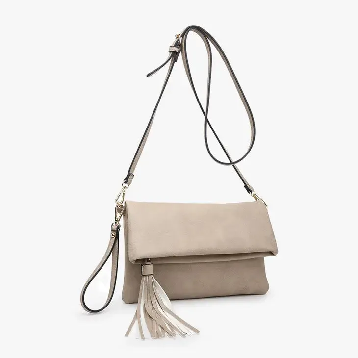 Austin Flapover Tassel Crossbody Clutch in Sand