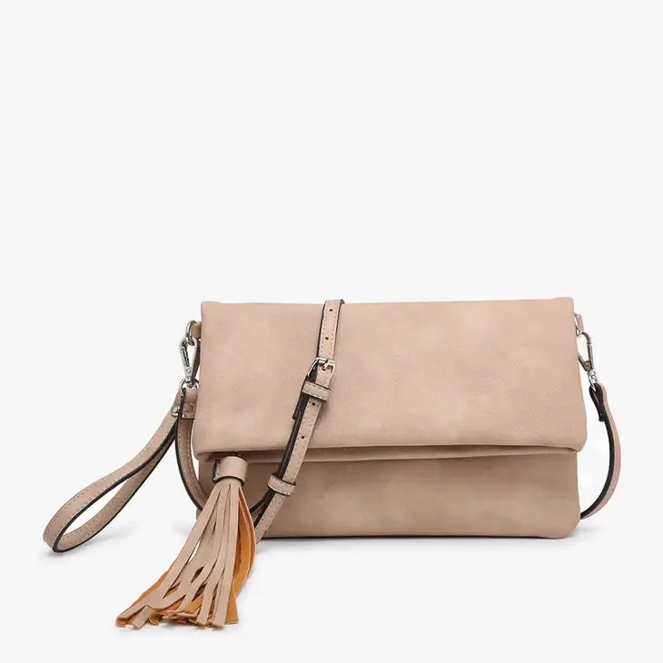 Austin Flapover Tassel Crossbody Clutch in Sand