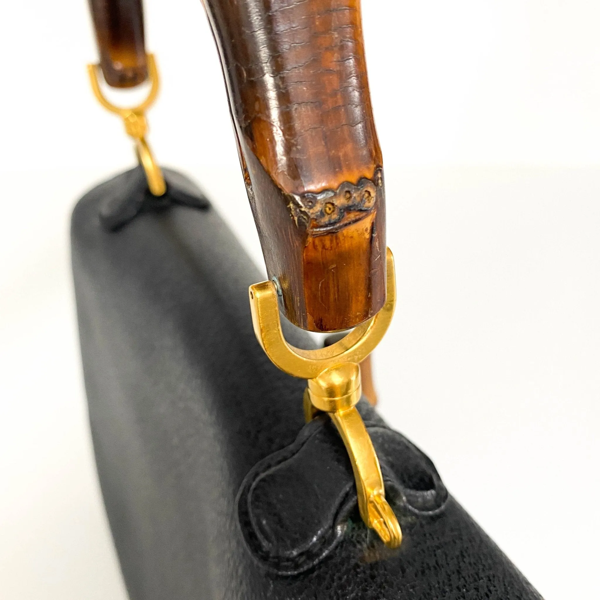 Bamboo Black Leather Shoulder Handbag