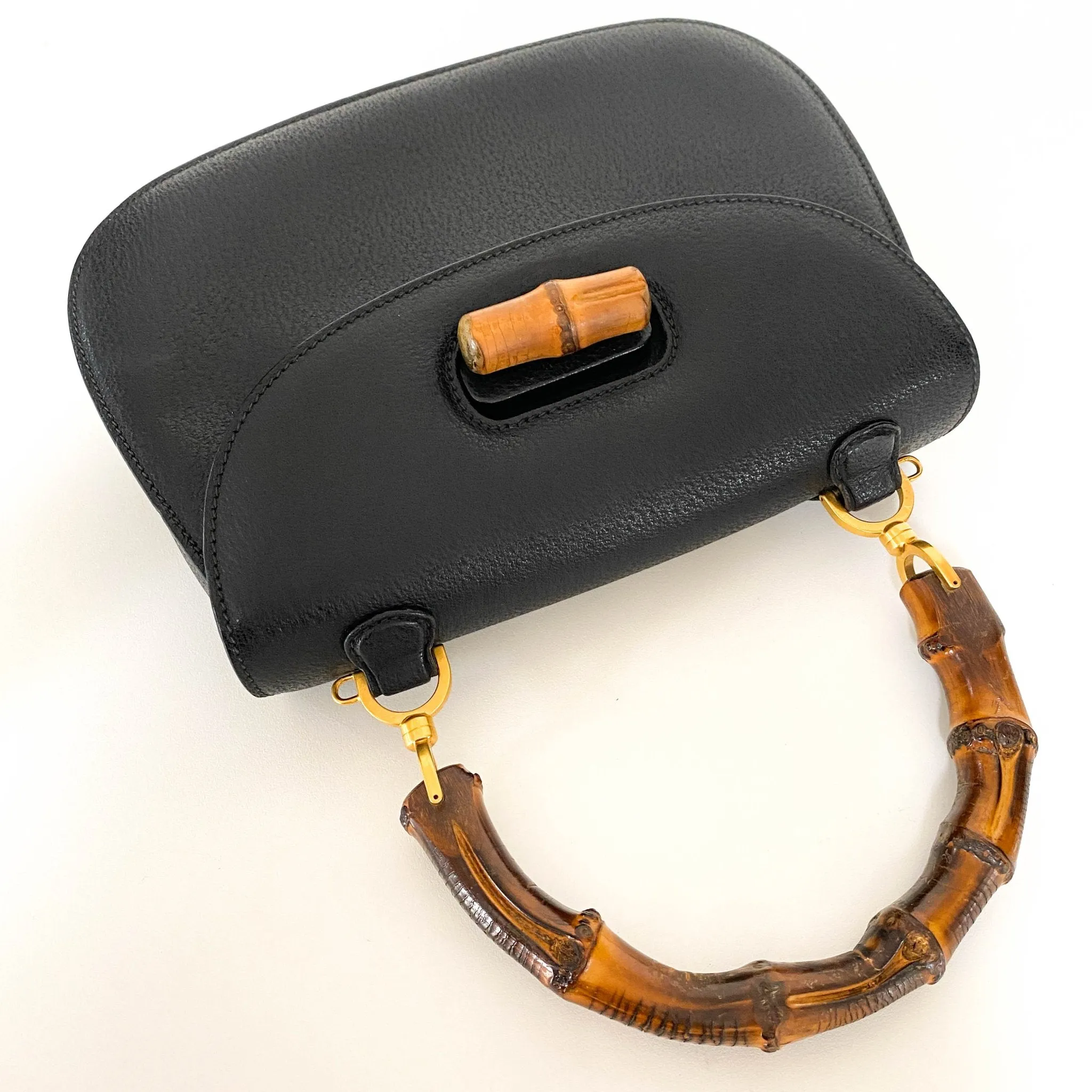 Bamboo Black Leather Shoulder Handbag