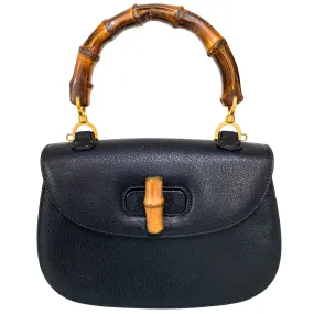 Bamboo Black Leather Shoulder Handbag