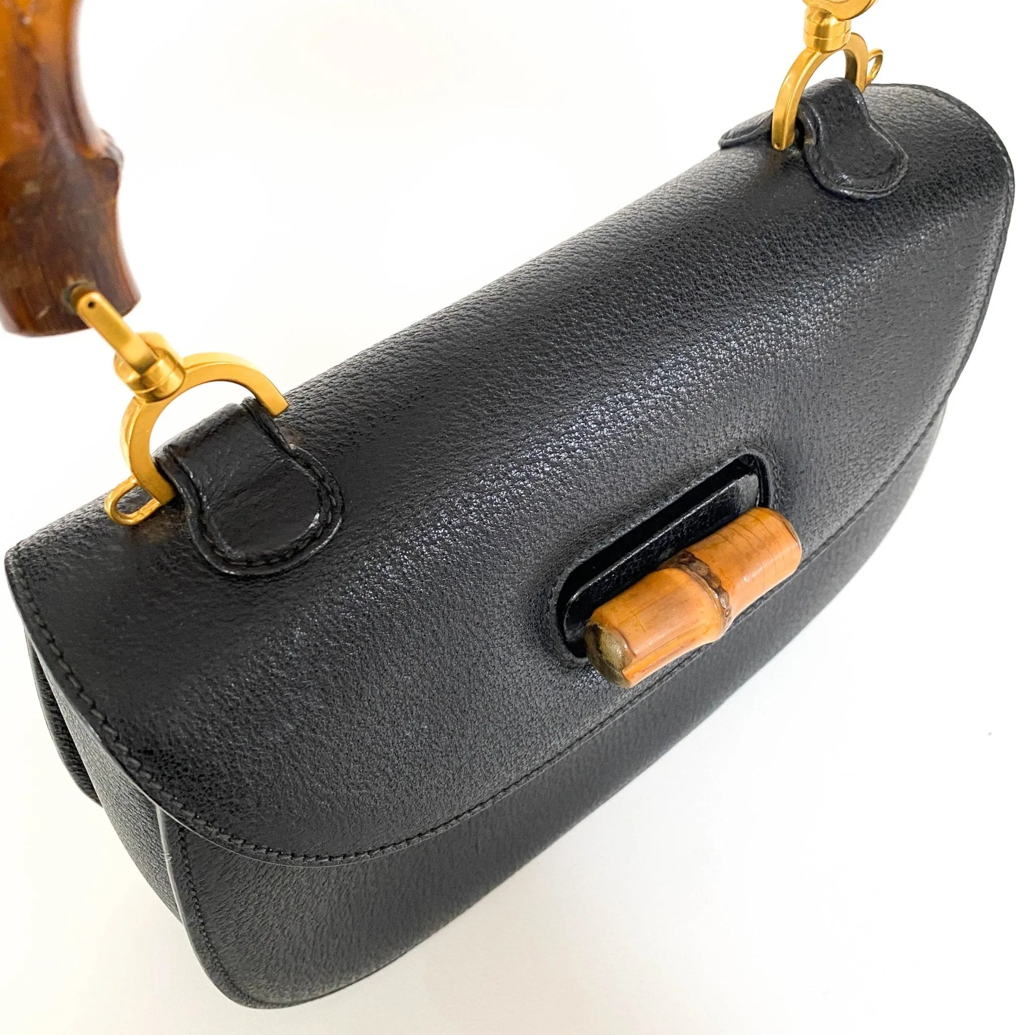 Bamboo Black Leather Shoulder Handbag