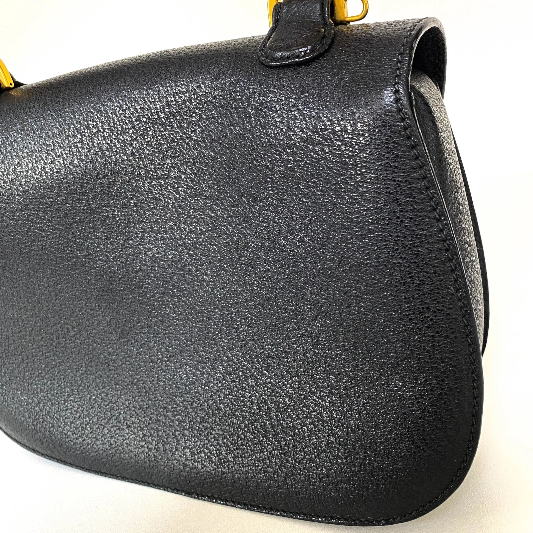 Bamboo Black Leather Shoulder Handbag