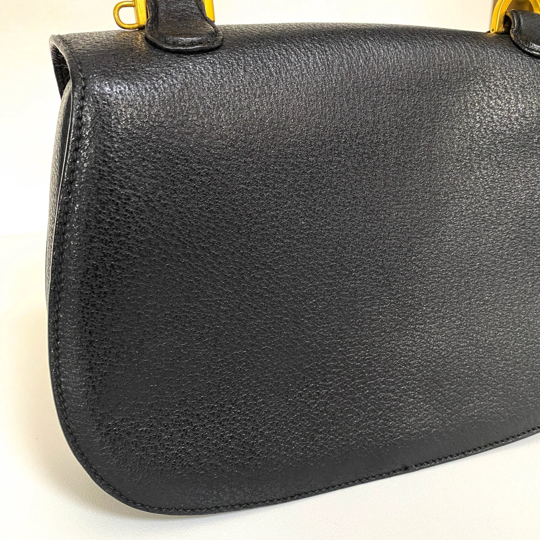Bamboo Black Leather Shoulder Handbag