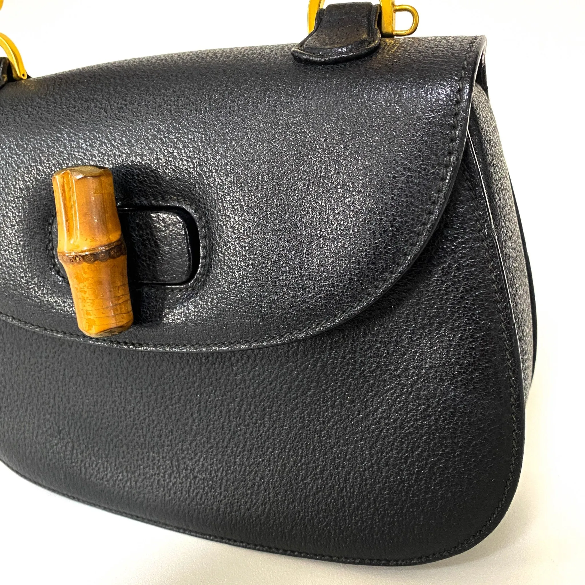 Bamboo Black Leather Shoulder Handbag