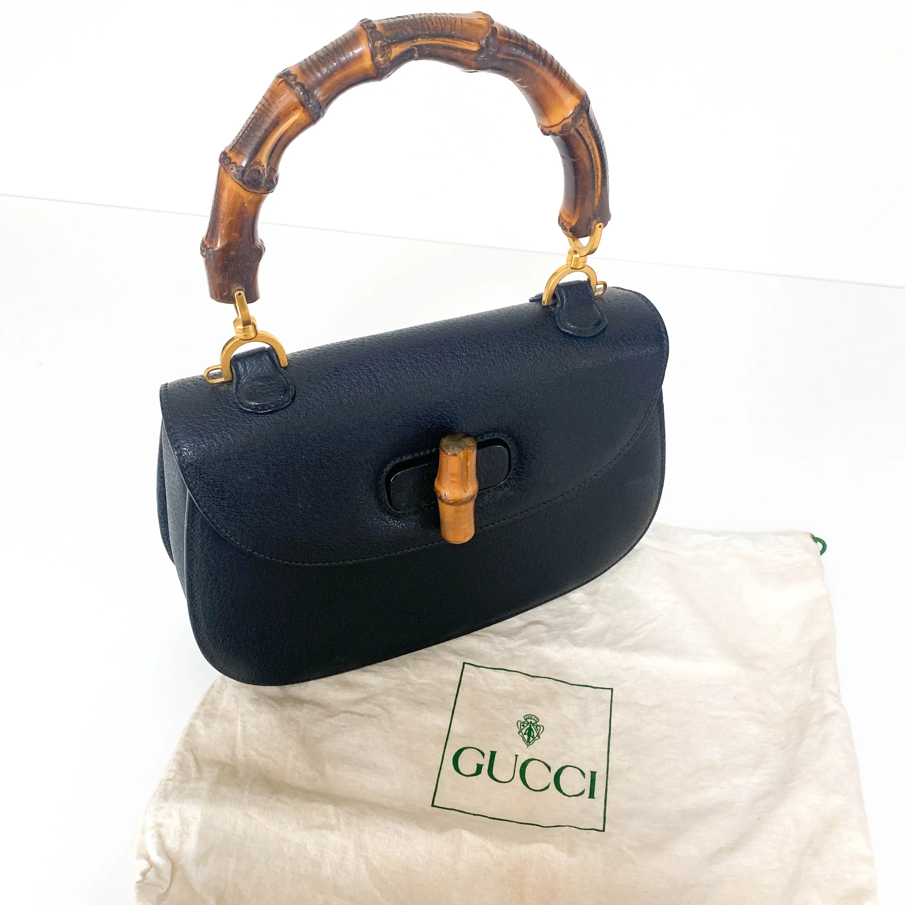 Bamboo Black Leather Shoulder Handbag