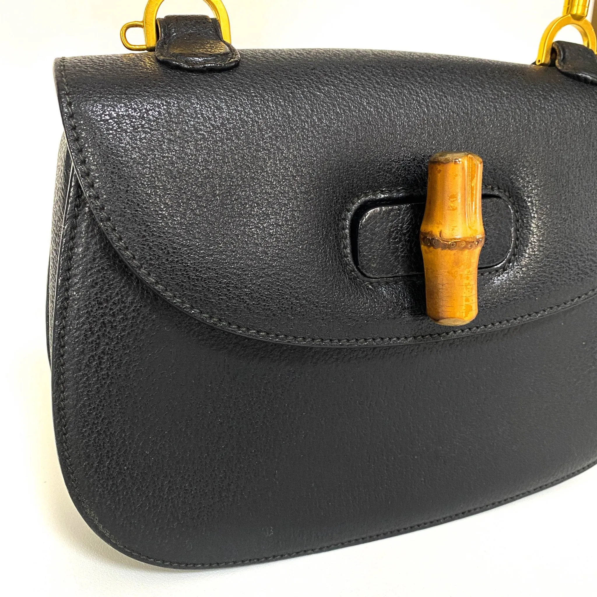 Bamboo Black Leather Shoulder Handbag