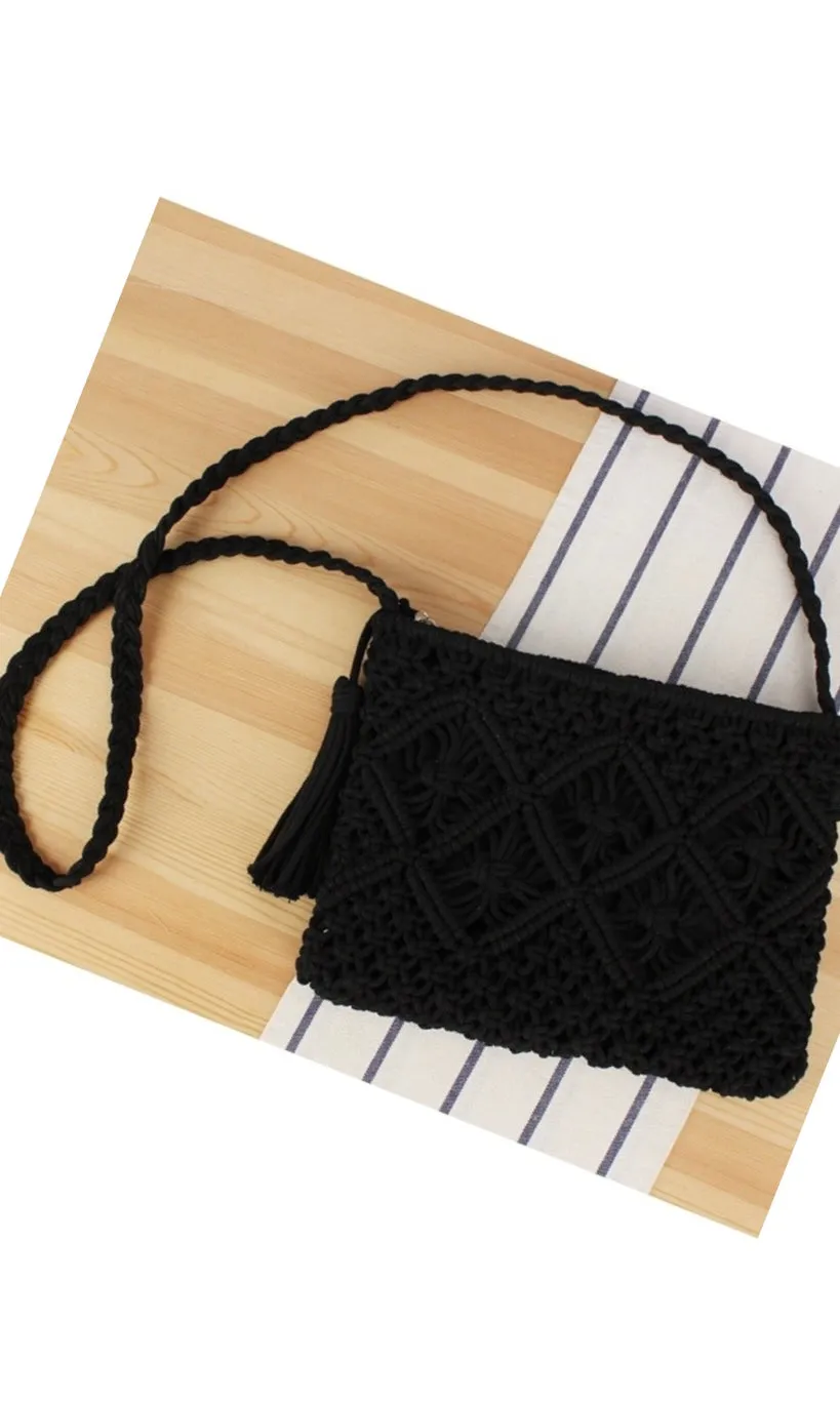 Becks Black Woven Bohemian Crochet Tassel Crossbody Bag