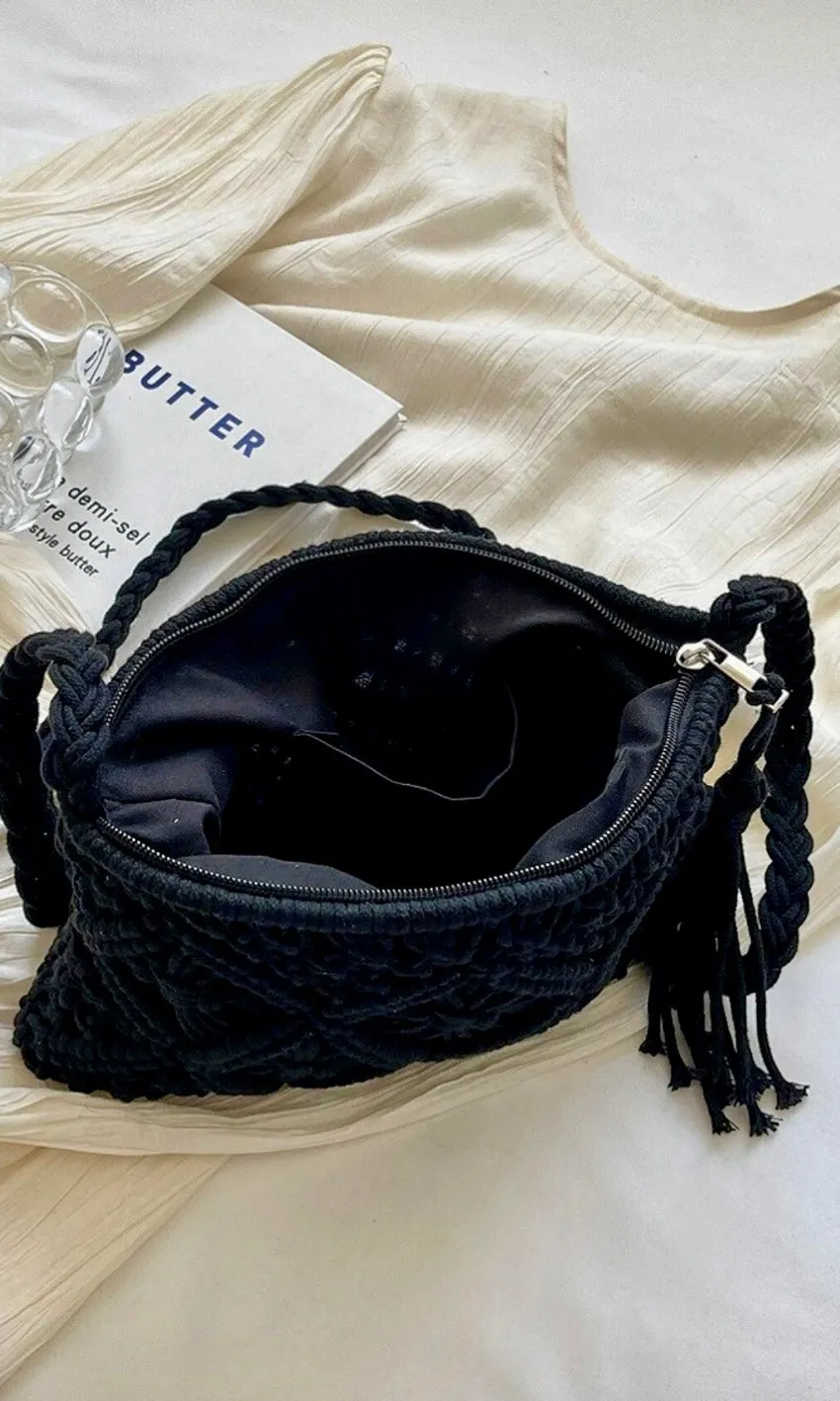 Becks Black Woven Bohemian Crochet Tassel Crossbody Bag