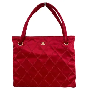 Bicolore Satin Hand Bag Coco Mark Red Gold Metal Fittings