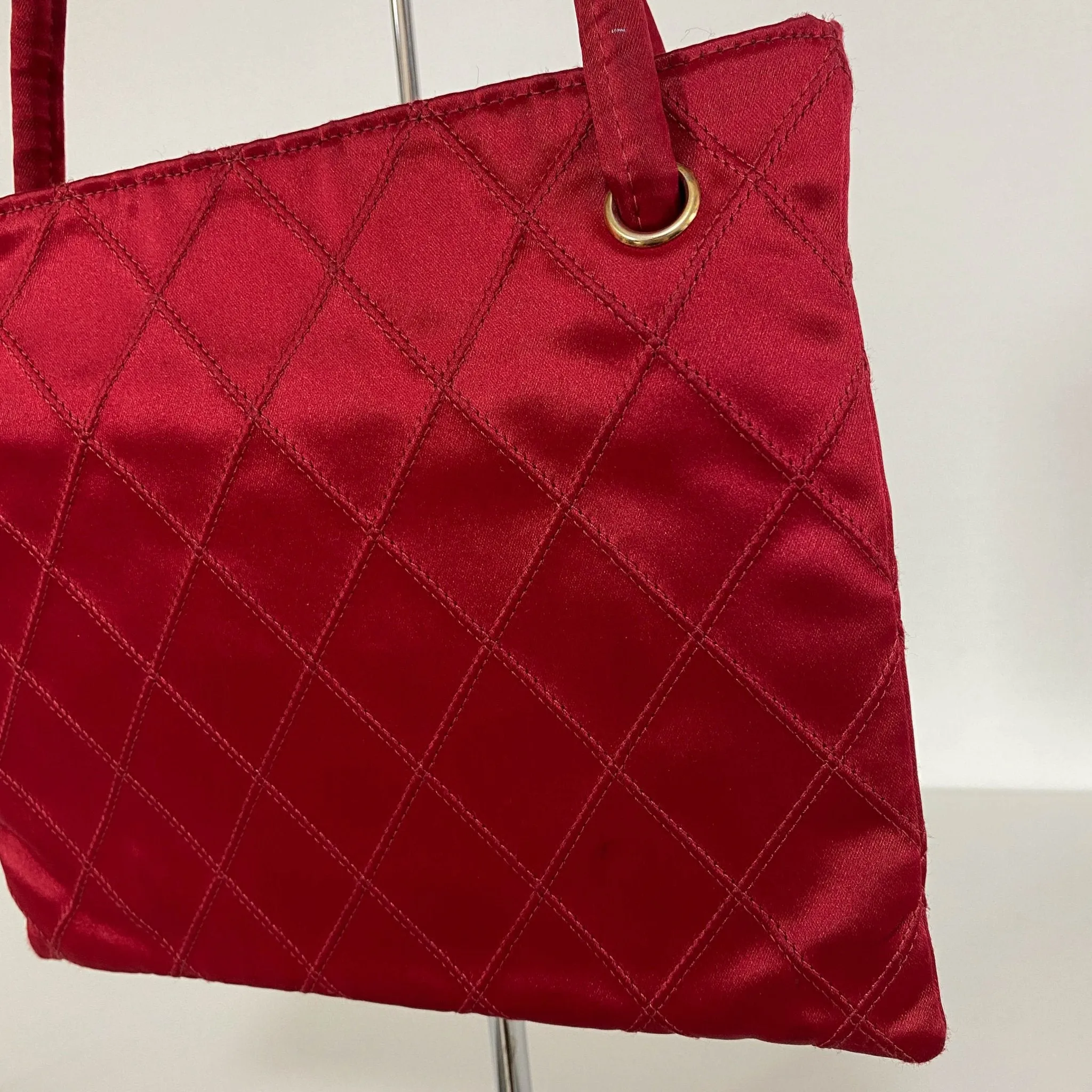 Bicolore Satin Hand Bag Coco Mark Red Gold Metal Fittings