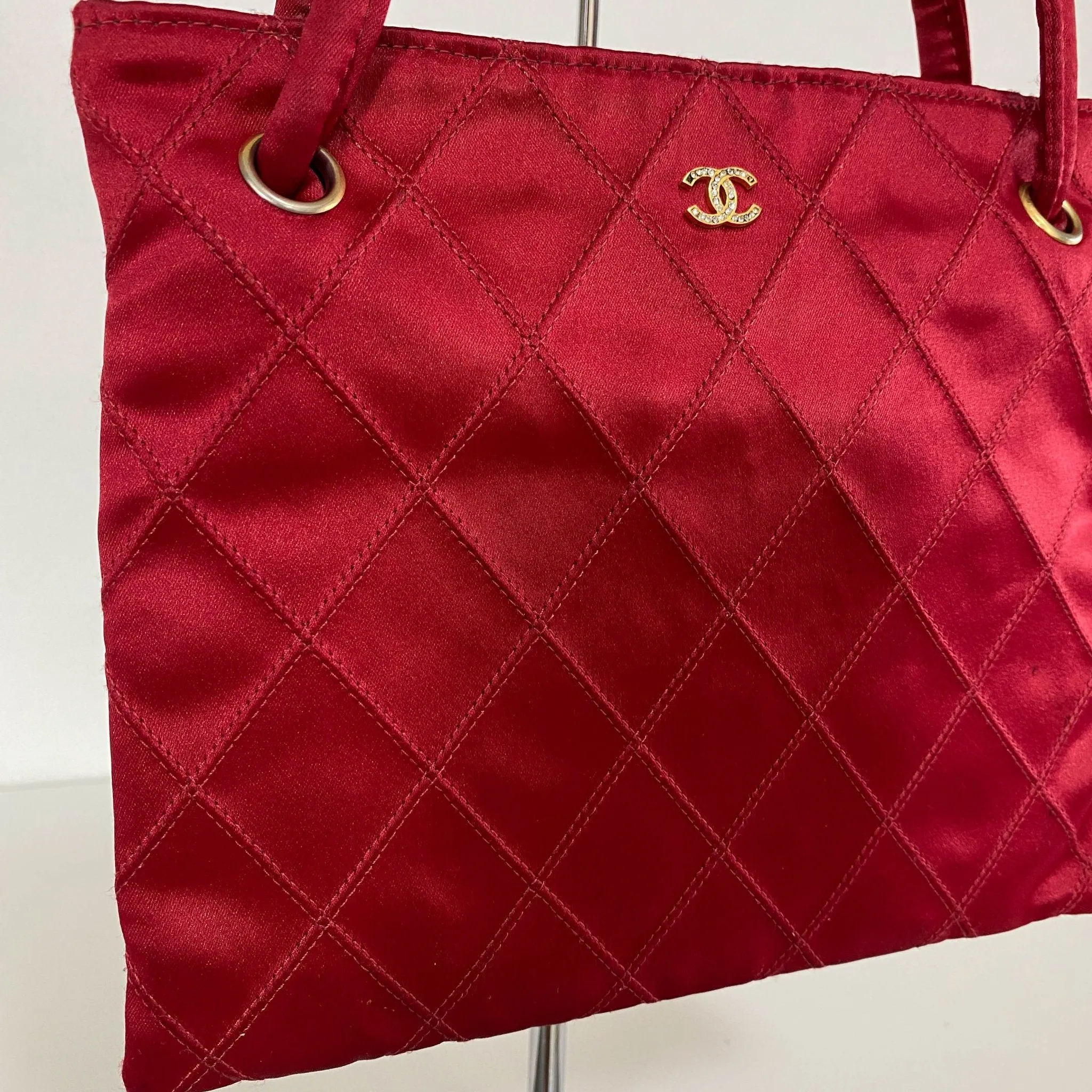 Bicolore Satin Hand Bag Coco Mark Red Gold Metal Fittings