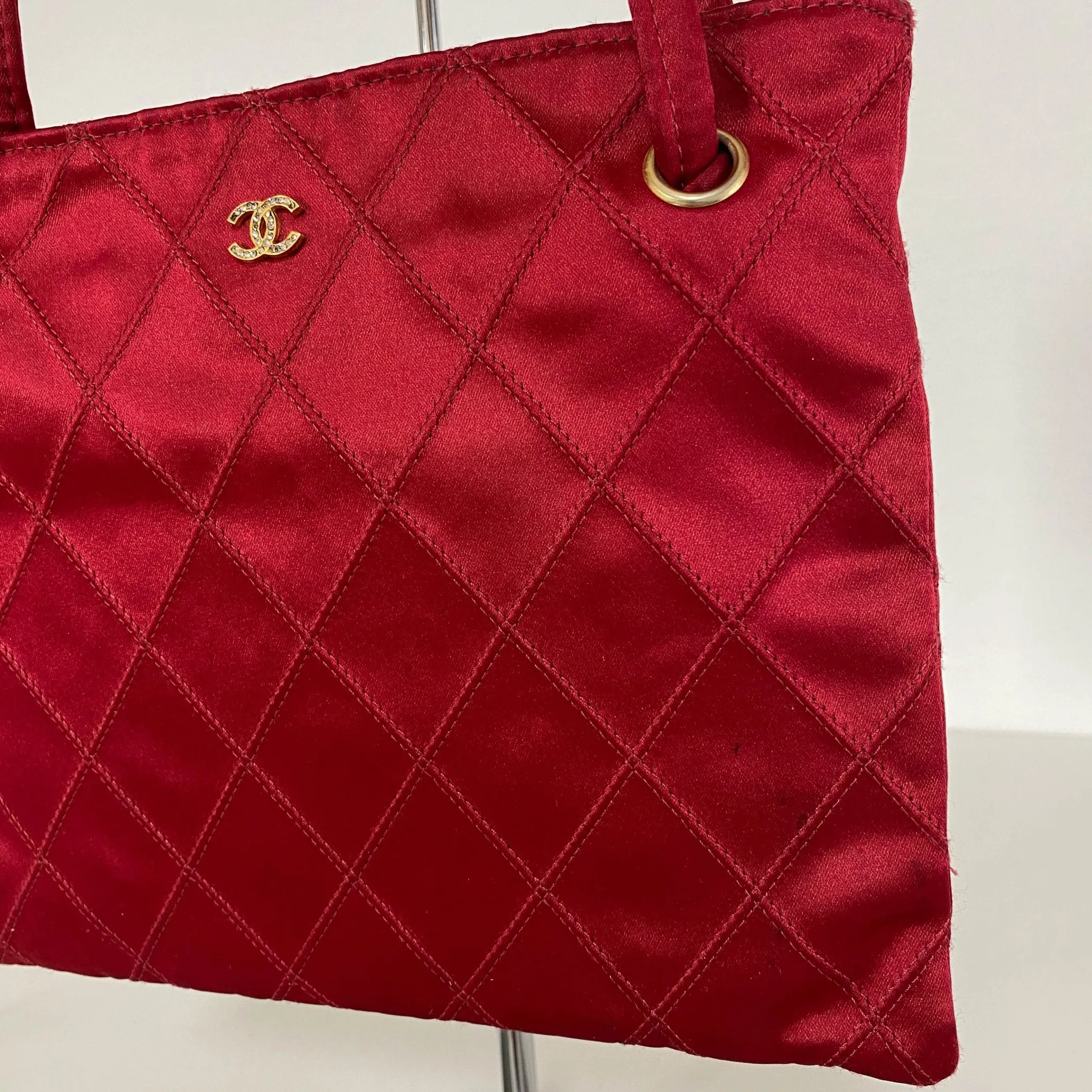 Bicolore Satin Hand Bag Coco Mark Red Gold Metal Fittings