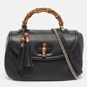 Black Leather Large New Bamboo Tassel Top Handle Bag
