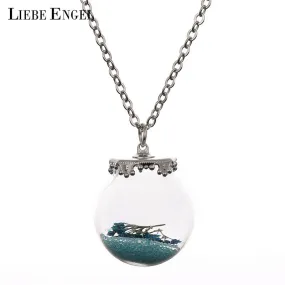 Blue Bead Glass Dried Flower Bottle Necklace Pendant