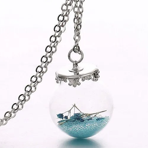 Blue Bead Glass Dried Flower Bottle Necklace Pendant