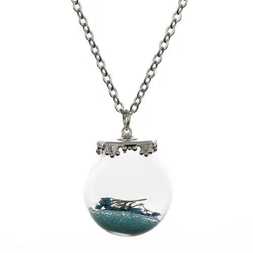 Blue Bead Glass Dried Flower Bottle Necklace Pendant