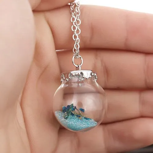 Blue Bead Glass Dried Flower Bottle Necklace Pendant