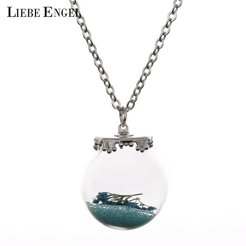 Blue Bead Glass Dried Flower Bottle Necklace Pendant