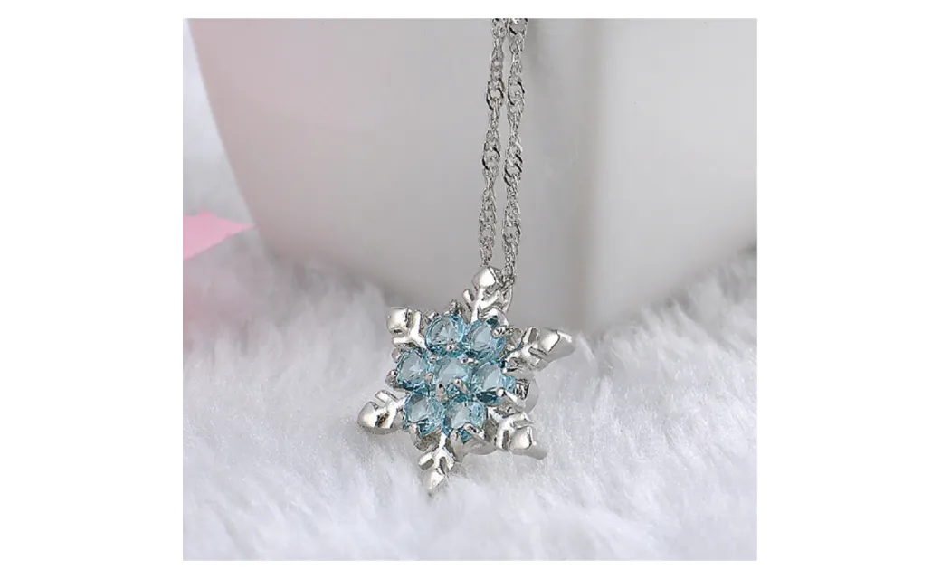 Blue Crystal Snowflake Zircon Flower Silver Pendant Necklace For Women
