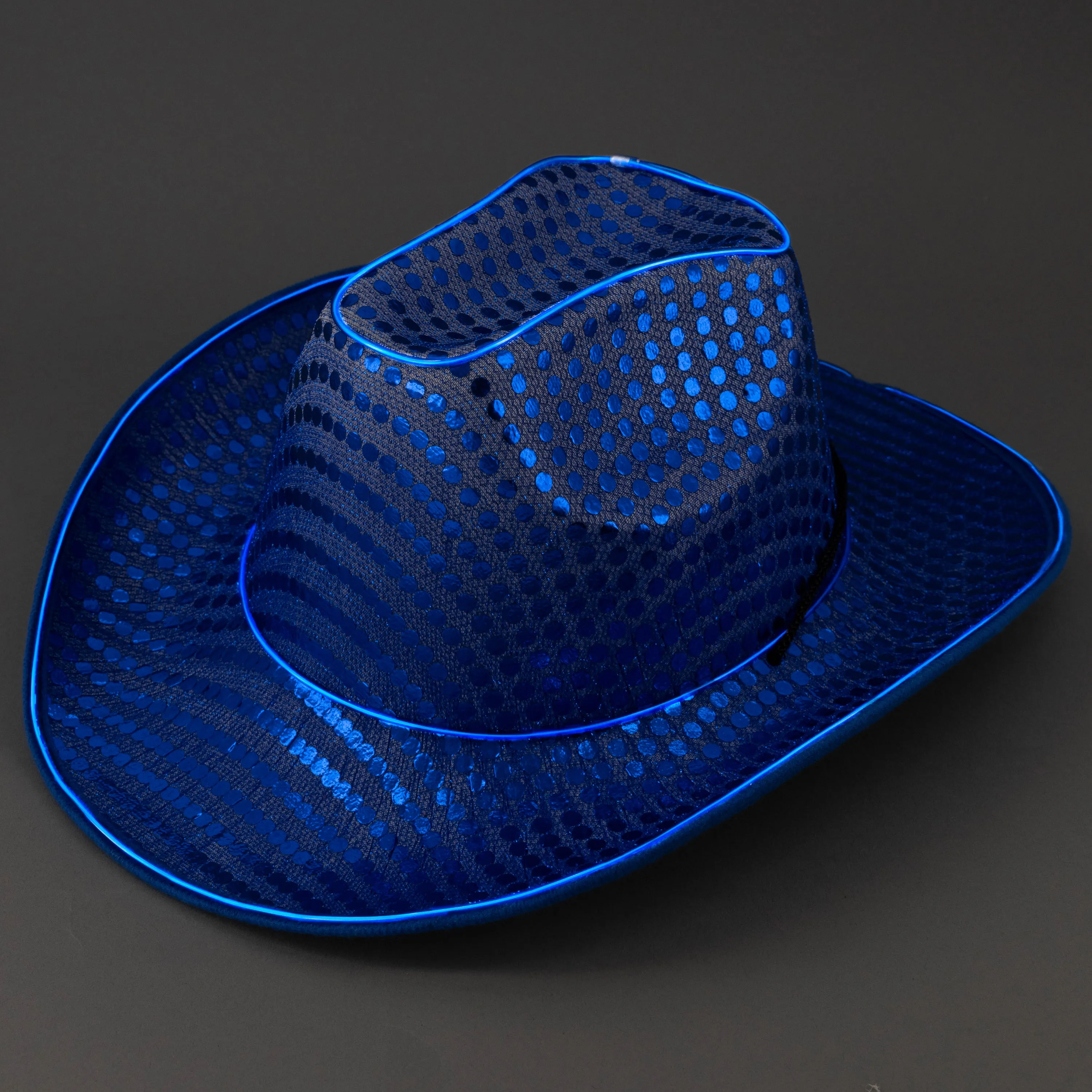Blue LED Flashing EL Wire Sequin Cowboy Party Hat - Pack of 24 Hats
