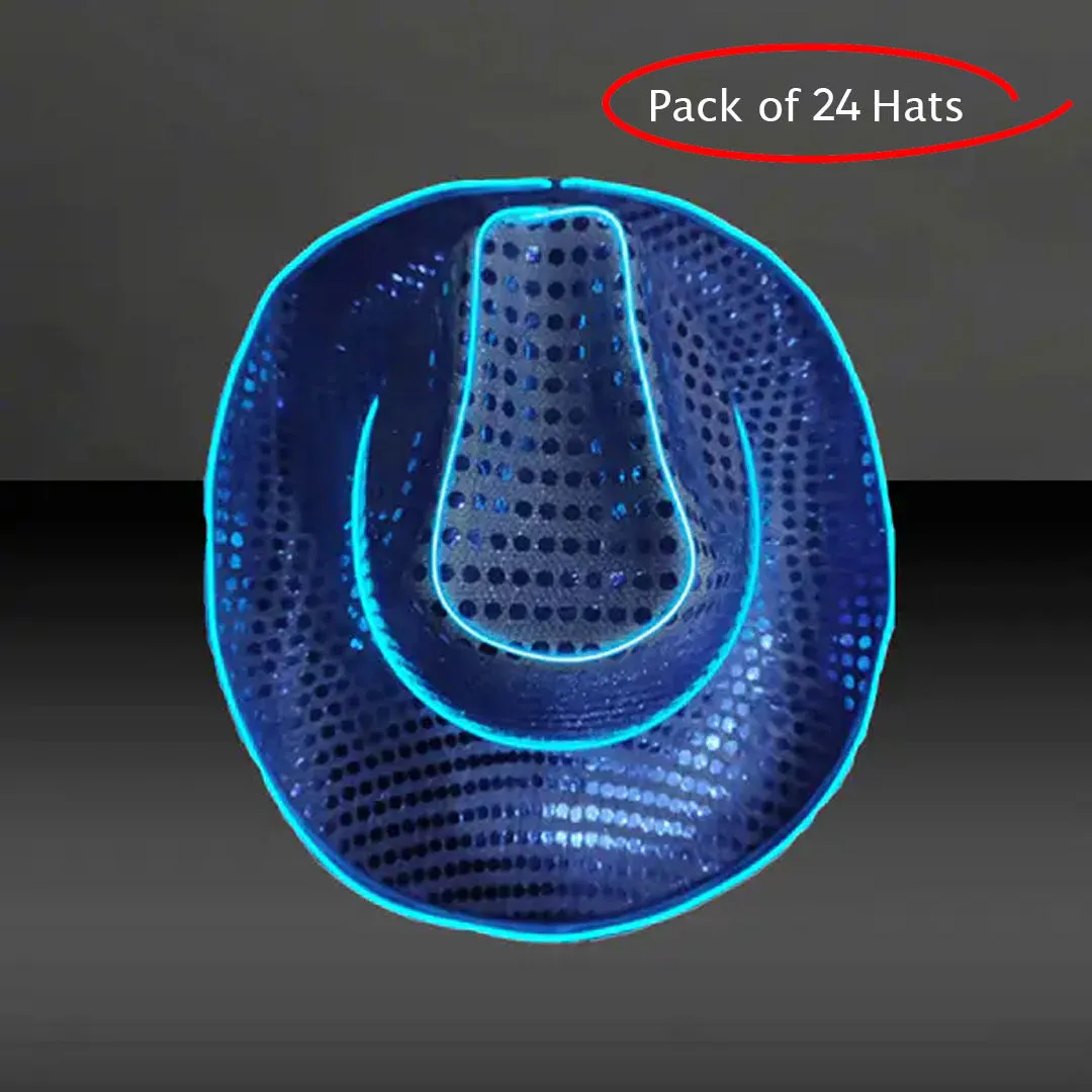 Blue LED Flashing EL Wire Sequin Cowboy Party Hat - Pack of 24 Hats