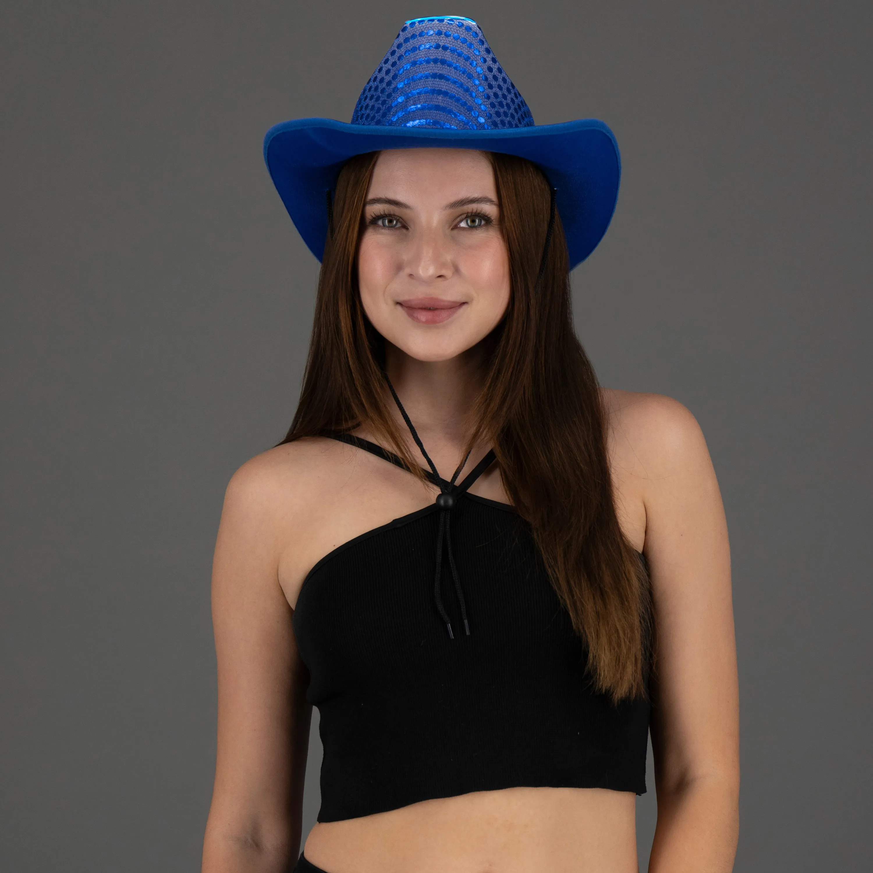 Blue LED Flashing EL Wire Sequin Cowboy Party Hat - Pack of 24 Hats