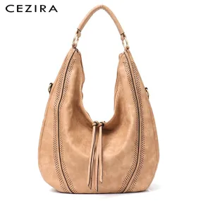 CEZIRA New Fashion Women Handbags Soft Ladies PU Leather Shoulder Bags Hollow Out Large Female Hobos Zipper Tassel Tote Bags