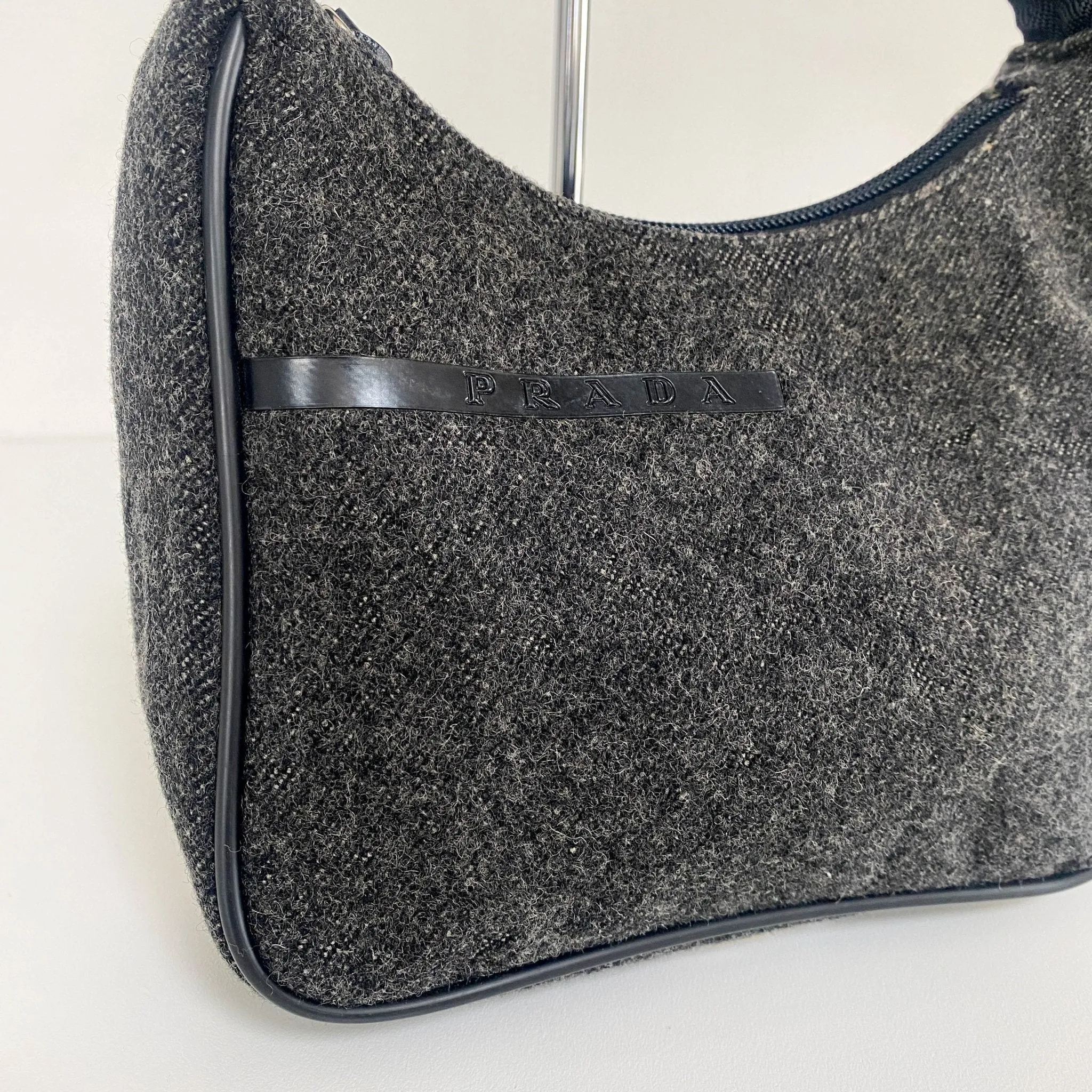 Charcoal Grey Wool Mini Hobo Shoulder Bag 13p36