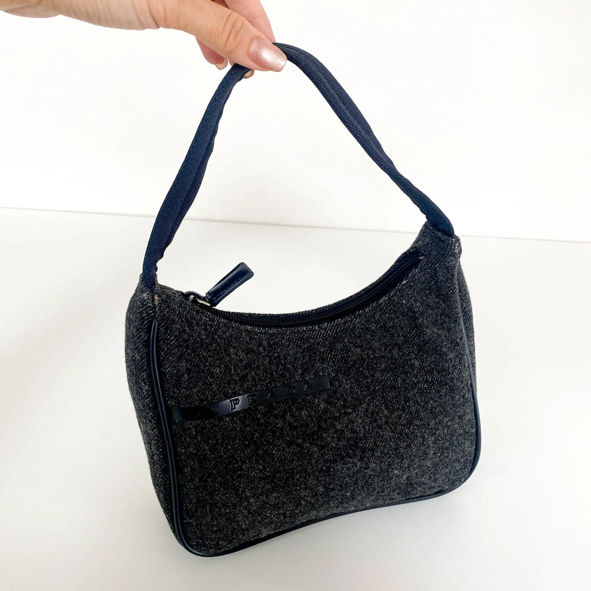 Charcoal Grey Wool Mini Hobo Shoulder Bag 13p36