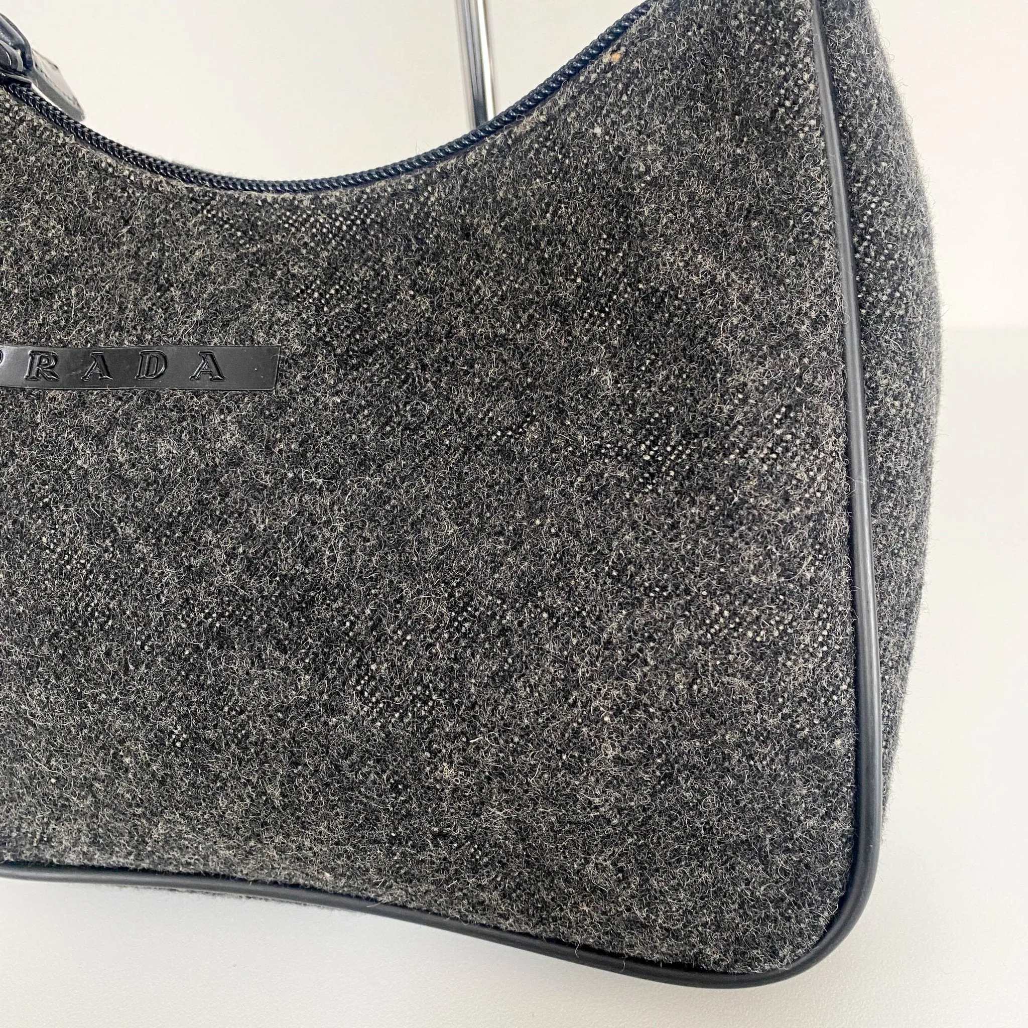Charcoal Grey Wool Mini Hobo Shoulder Bag 13p36