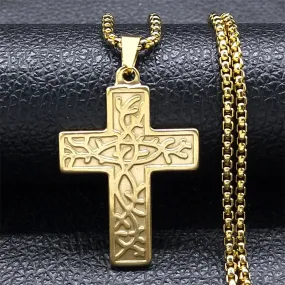 Cross Tree of Life Chain Necklace for Women Men Stainless Steel Gold Color Pendant Necklaces