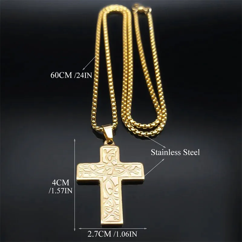 Cross Tree of Life Chain Necklace for Women Men Stainless Steel Gold Color Pendant Necklaces
